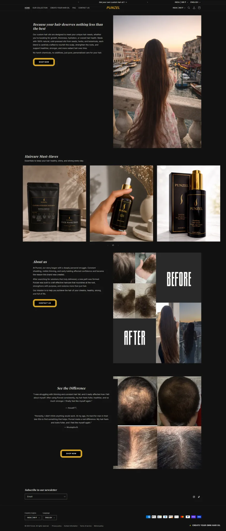 Punzel premium haircare ecommerce website homepage