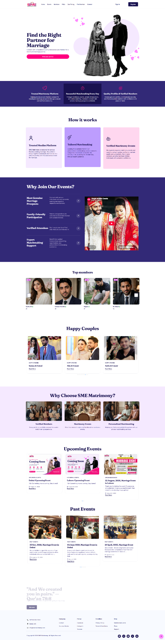 SME Matrimony WordPress matchmaking and events website homepage