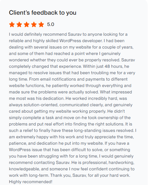 Original 5-star Upwork client feedback for the SME Matrimony WordPress project